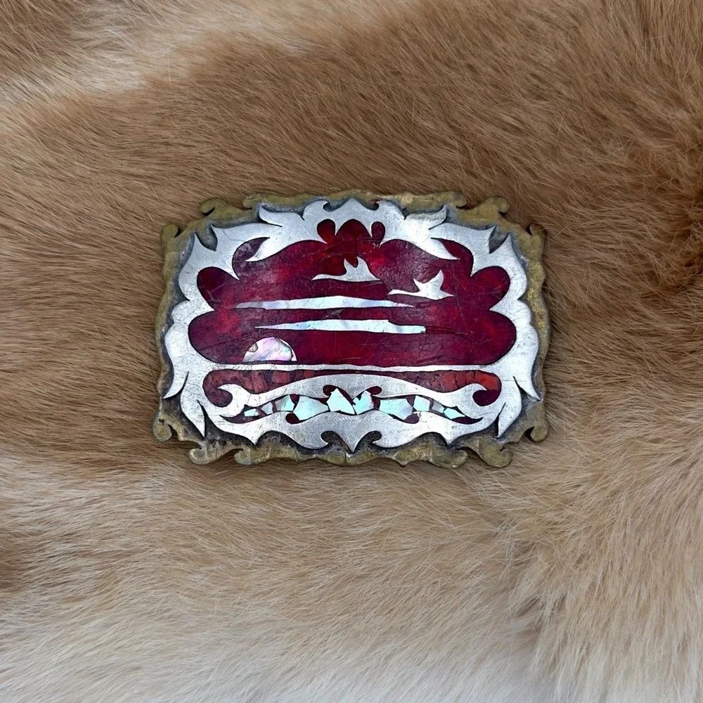 VTG Southwestern Ocean Sunset Abalone Coral Chip Inlay Resin Belt Buckle Mosaic